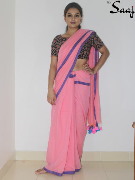 Pink Candy - Pink with Blue Border Plain Mul Cotton