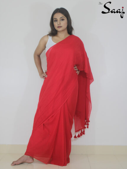 Ruby - Red Plain Mul Cotton Saree