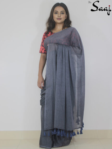 Phoenix - Dark Grey Plain Mul Cotton Saree