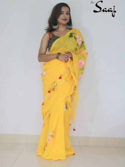 The Yellow Garden - Handpainted Yellow Mul Cotton Saree