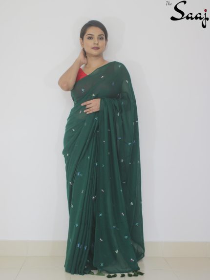 Green Flight - Dragonfly Embroidery on Evergreen Mul Cotton Saree