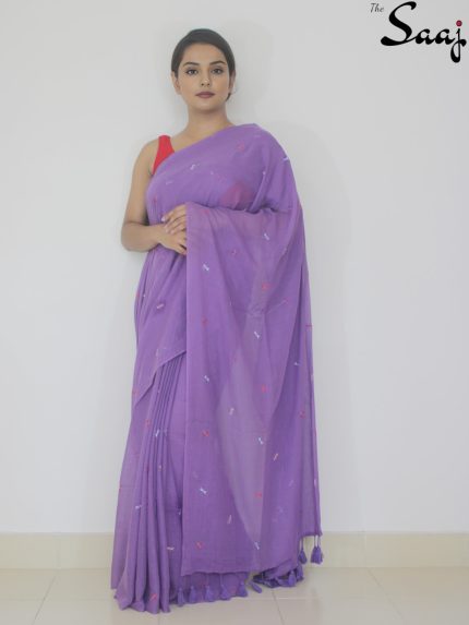 Purple Meadow - Dragonfly Embroidered Mul Cotton Saree