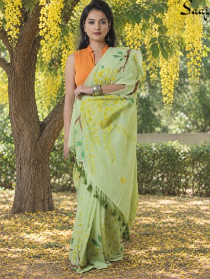 hand-painted mulmul cotton saree