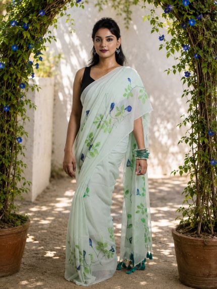 aparajita floral hand-painted mul cotton saree