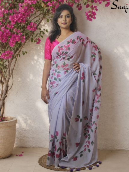 lavender saree with hand painted boganvilas