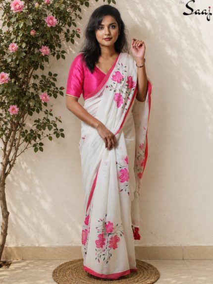 white floral saree rose painted